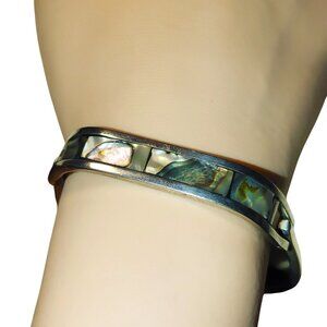 Abalone Shell Inlay Hinged Bangle Bracelet Small Vintage Alpaca Silver Tone